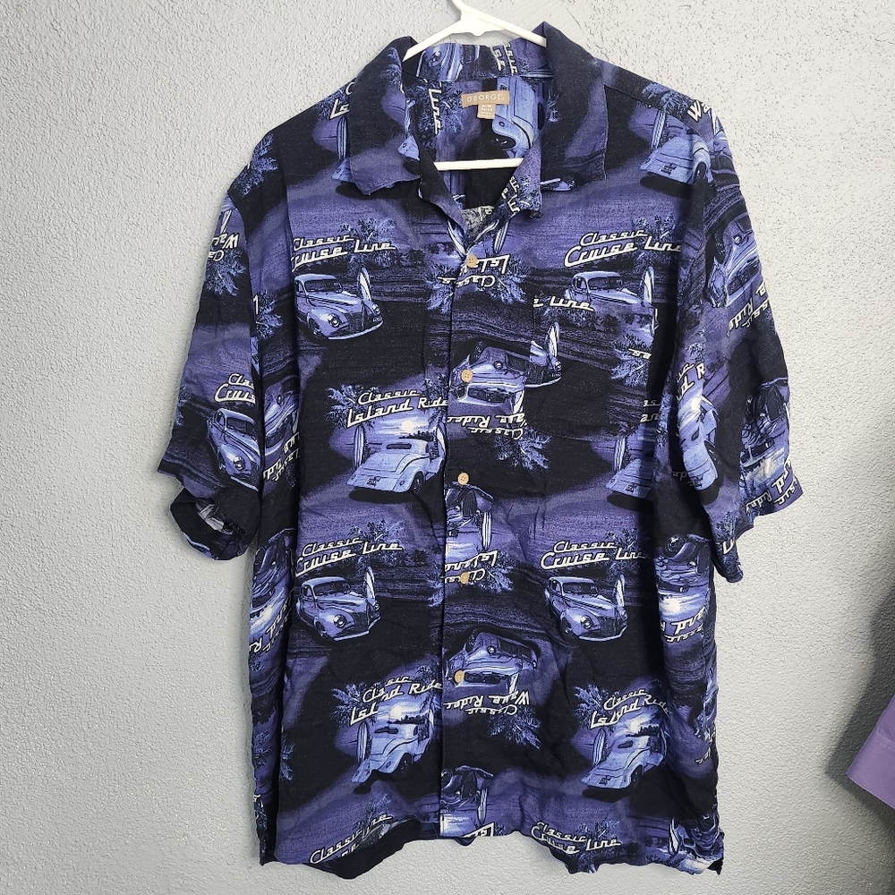 George Blue Vintage Car Print Short Sleeve Button-Up Shirt